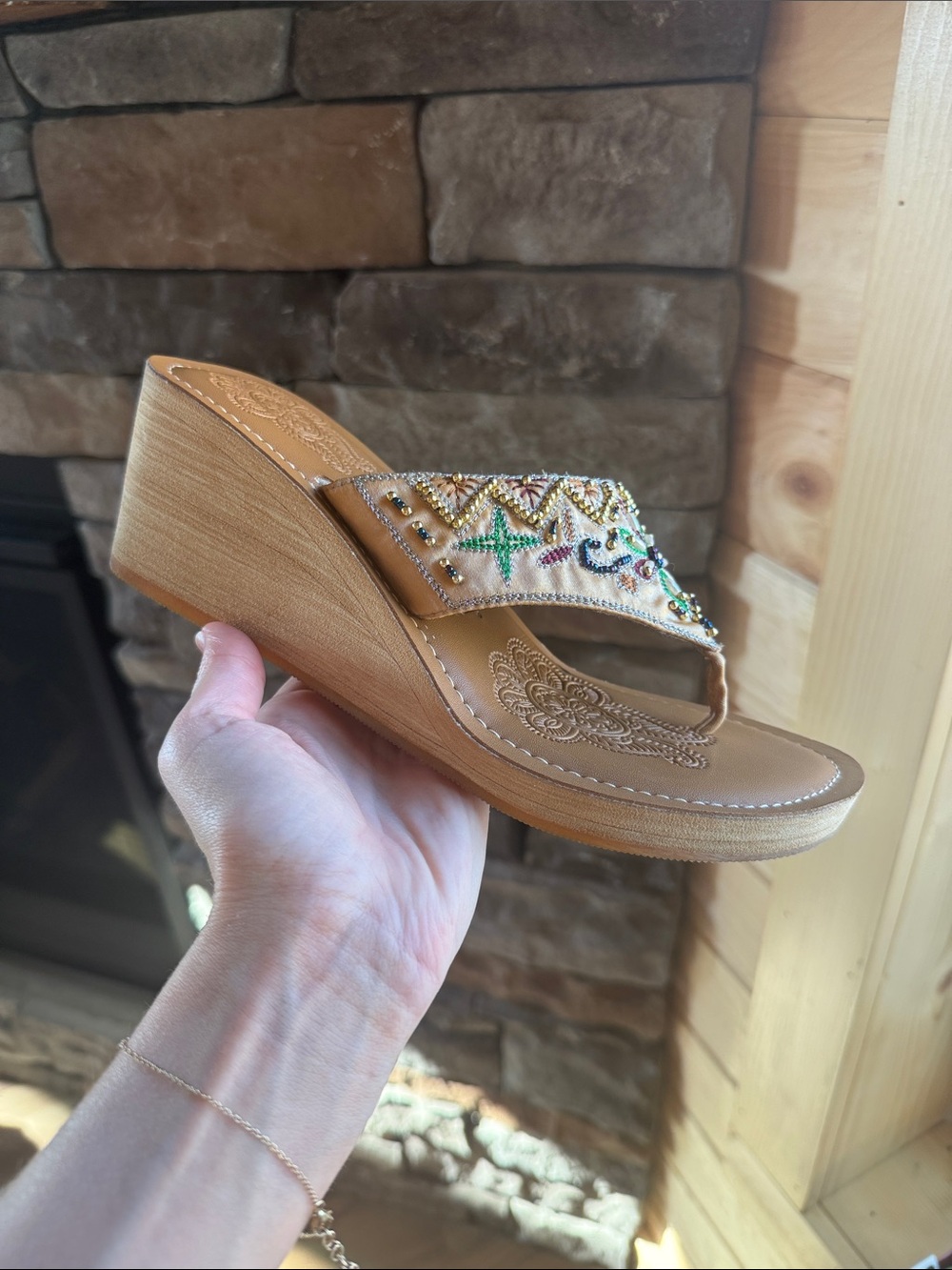 Vintage Y2K 2000s beaded wedge wooden sandals